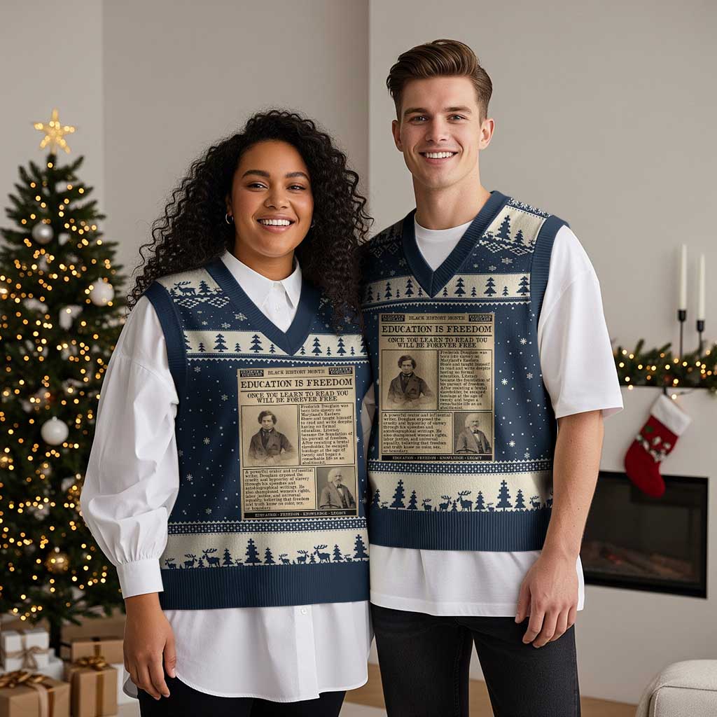 Education Is Freedom Newspaper V-Neck Knit Sweater Vest Frederick Douglass Black History Month Gift - Wonder Print Shop