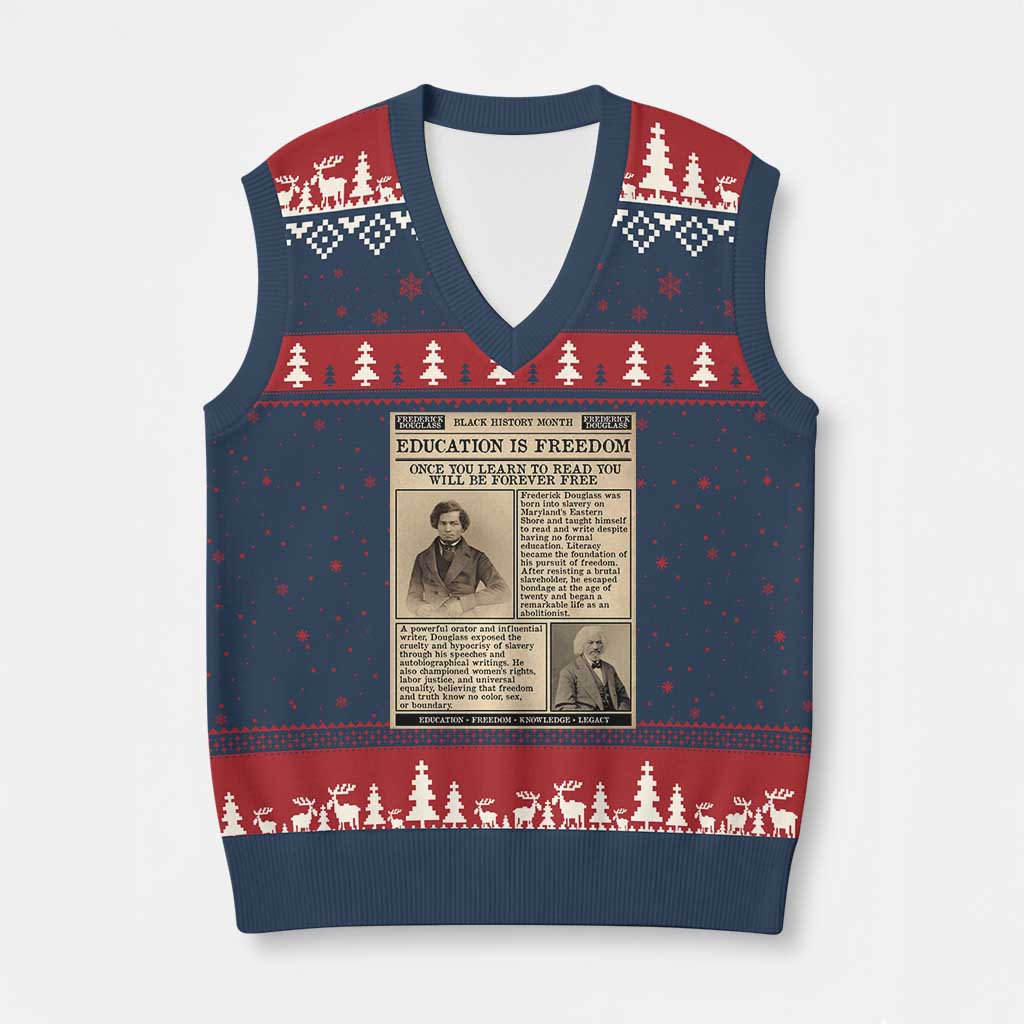 Education Is Freedom Newspaper V-Neck Knit Sweater Vest Frederick Douglass Black History Month Gift - Wonder Print Shop