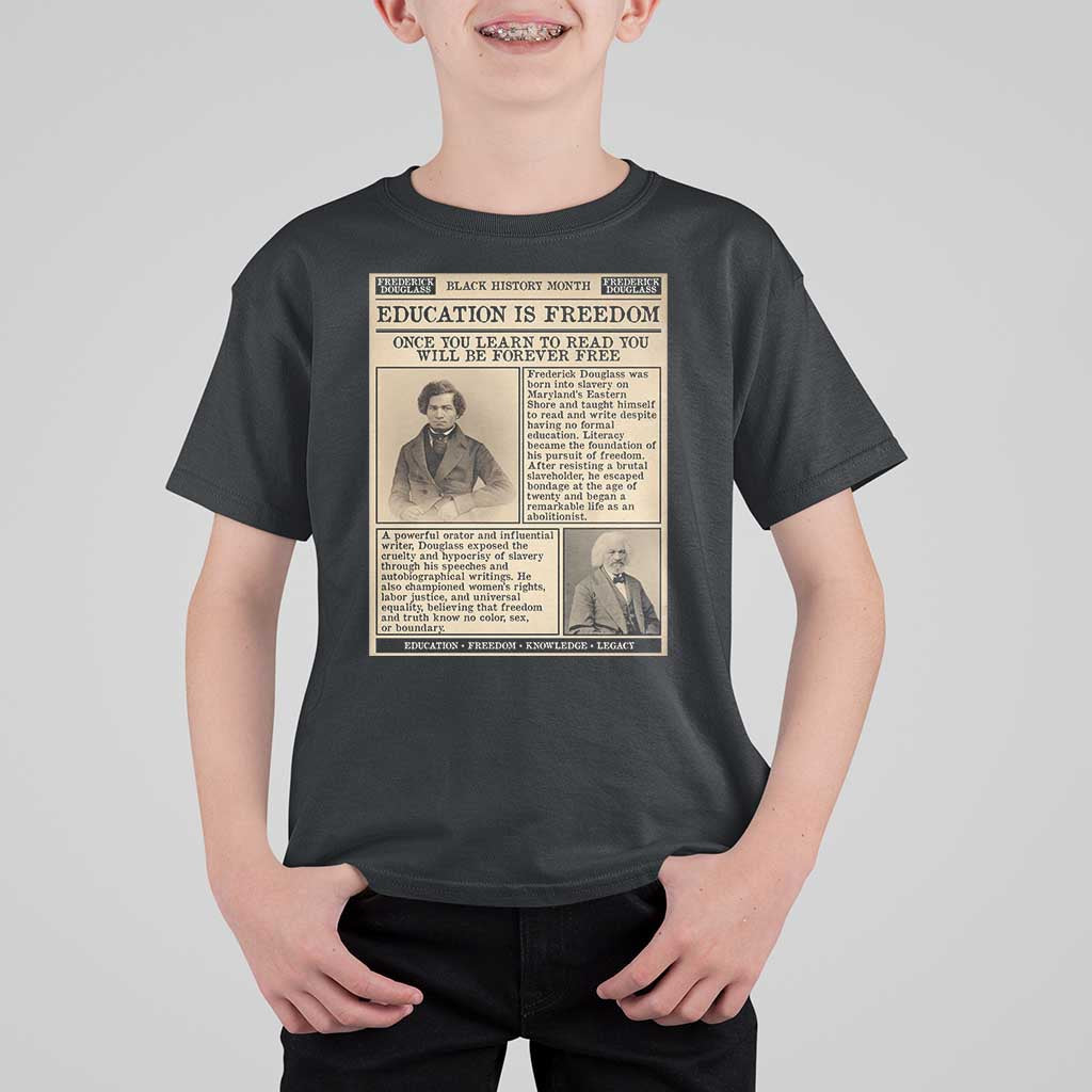 Education Is Freedom Newspaper T Shirt For Kid Frederick Douglass Black History Month Gift - Wonder Print Shop