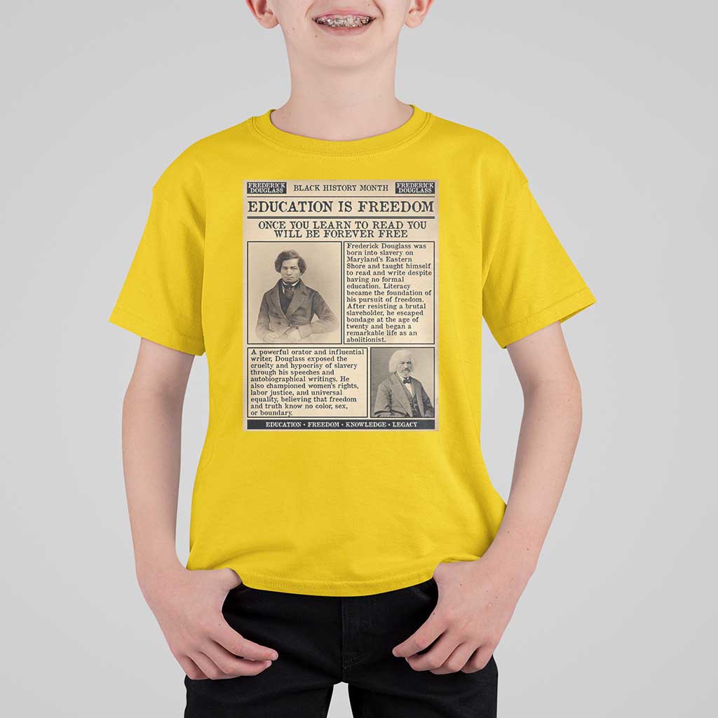 Education Is Freedom Newspaper T Shirt For Kid Frederick Douglass Black History Month Gift - Wonder Print Shop
