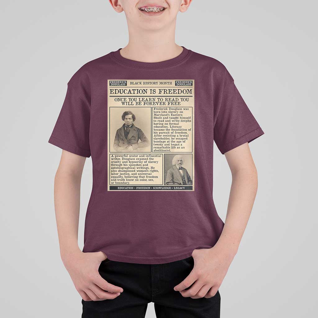 Education Is Freedom Newspaper T Shirt For Kid Frederick Douglass Black History Month Gift - Wonder Print Shop