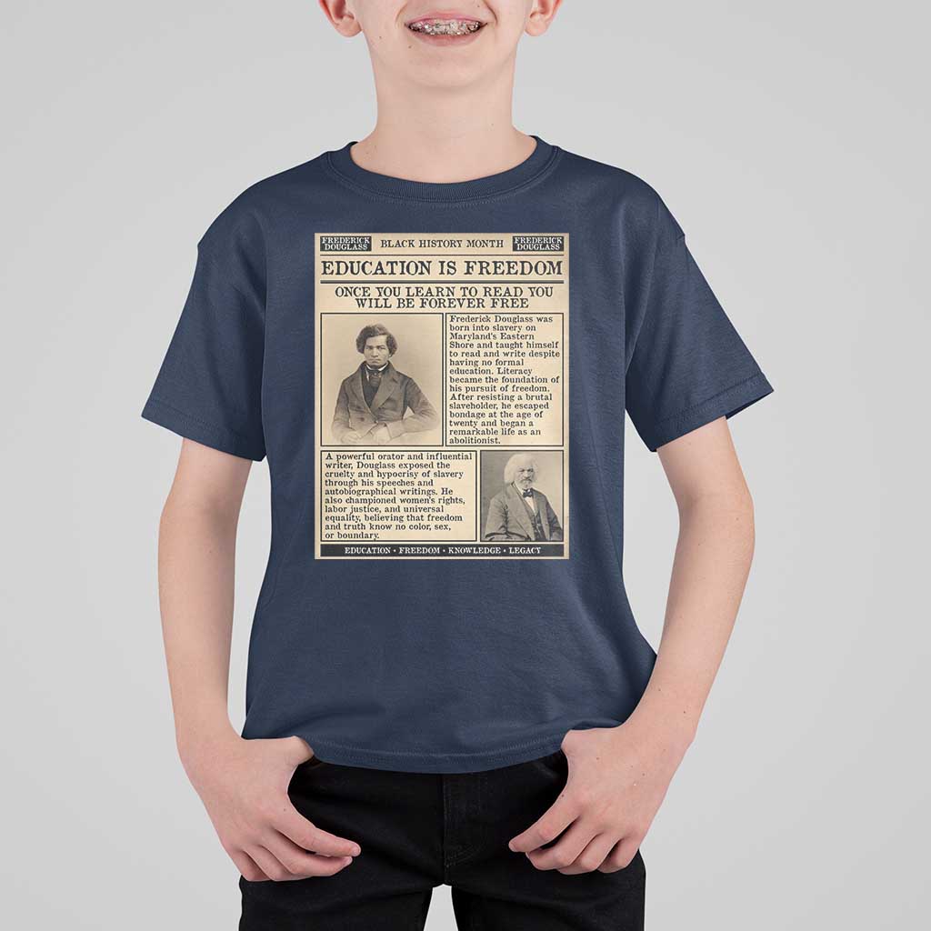 Education Is Freedom Newspaper T Shirt For Kid Frederick Douglass Black History Month Gift - Wonder Print Shop