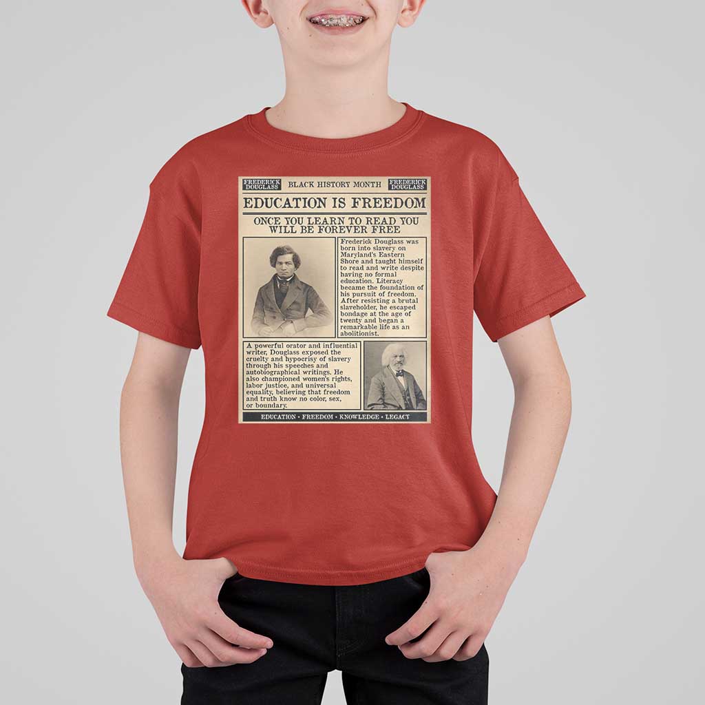 Education Is Freedom Newspaper T Shirt For Kid Frederick Douglass Black History Month Gift - Wonder Print Shop