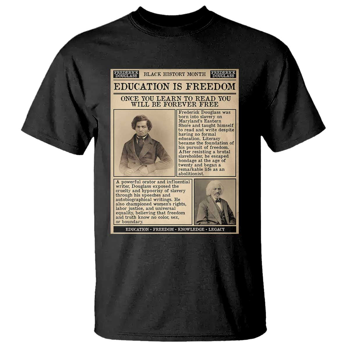 Education Is Freedom Newspaper T Shirt Frederick Douglass Black History Month Gift - Wonder Print Shop
