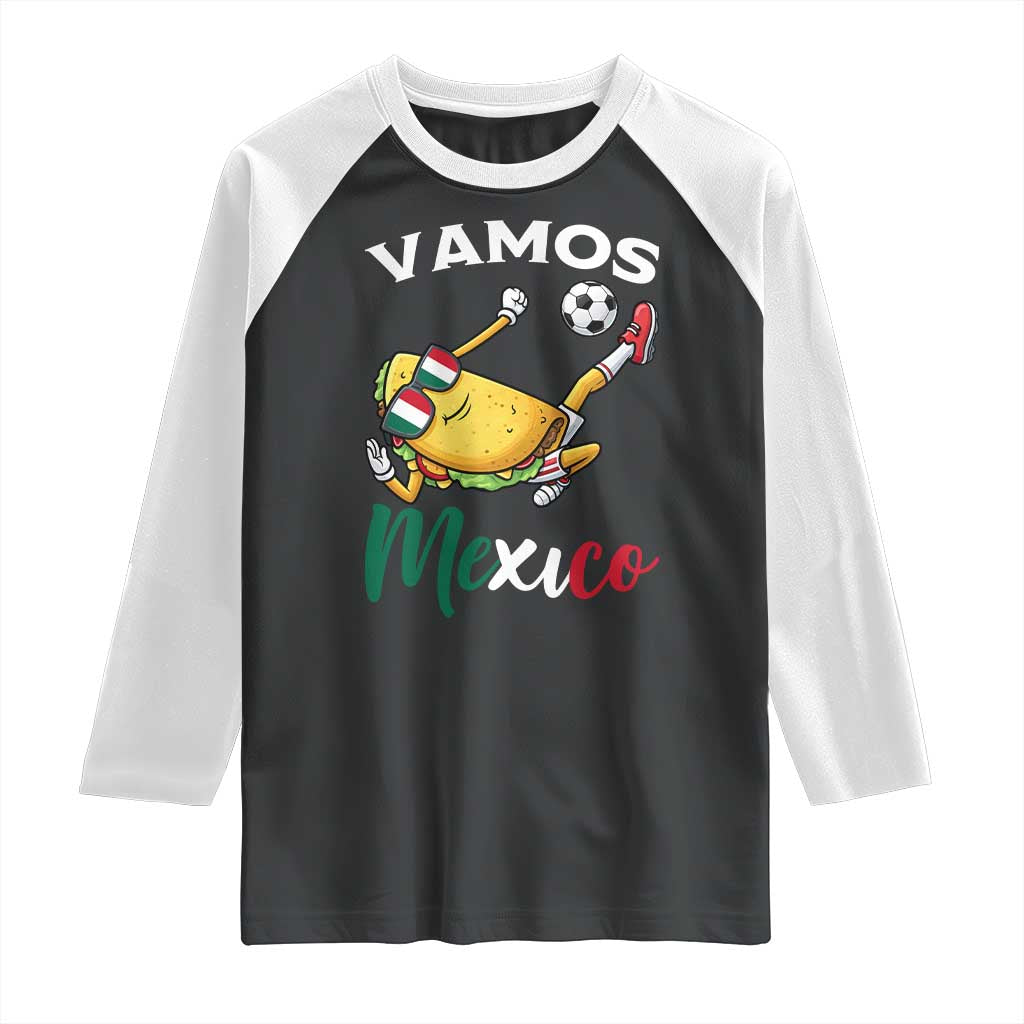 Vamos Mexico Taco Playing Soccer Raglan Shirt Mexican Fan Gift