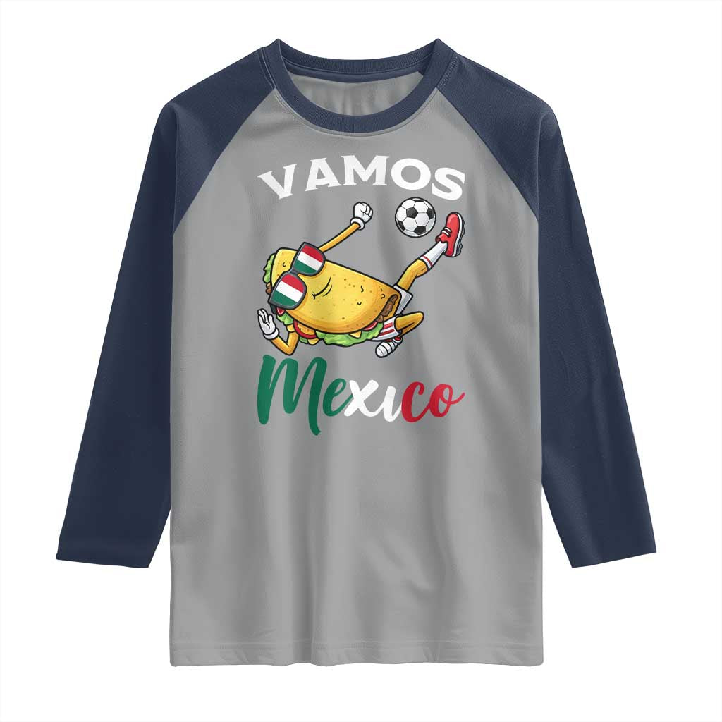 Vamos Mexico Taco Playing Soccer Raglan Shirt Mexican Fan Gift
