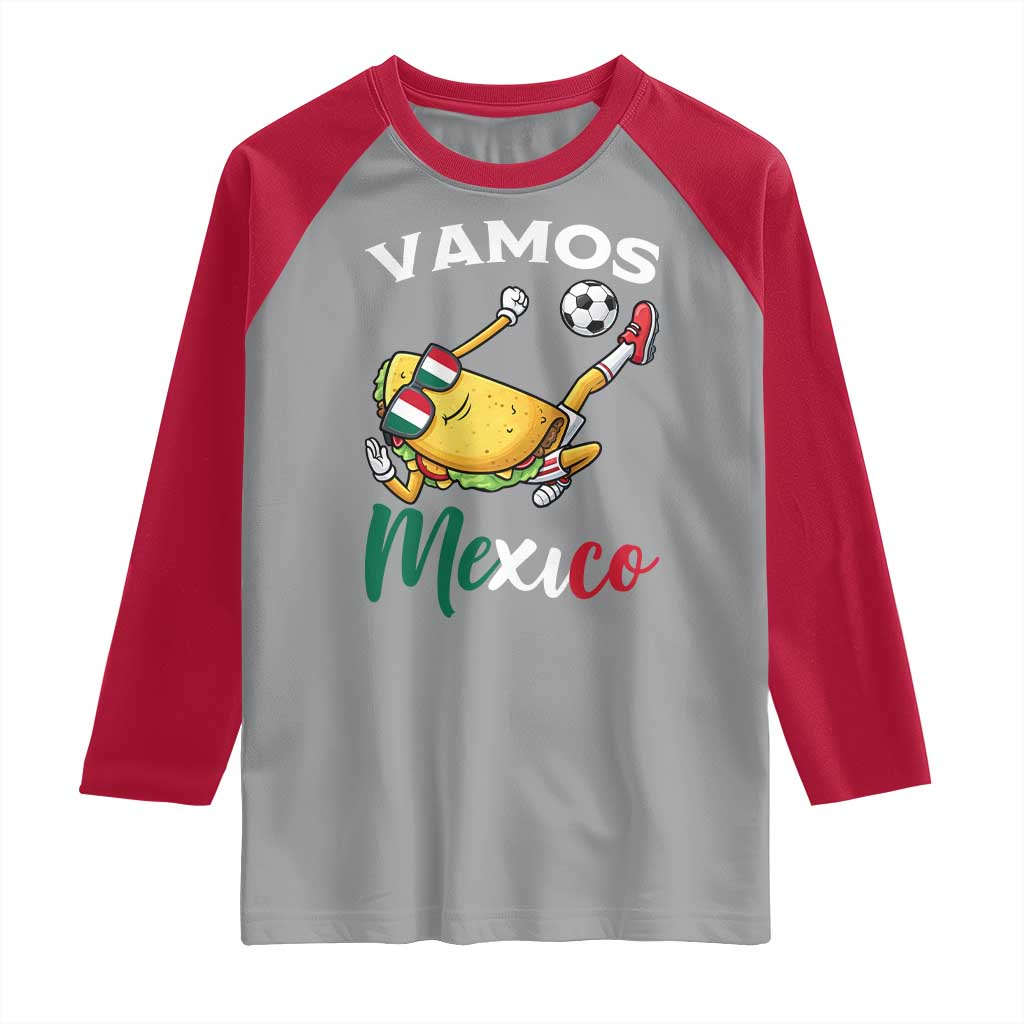 Vamos Mexico Taco Playing Soccer Raglan Shirt Mexican Fan Gift