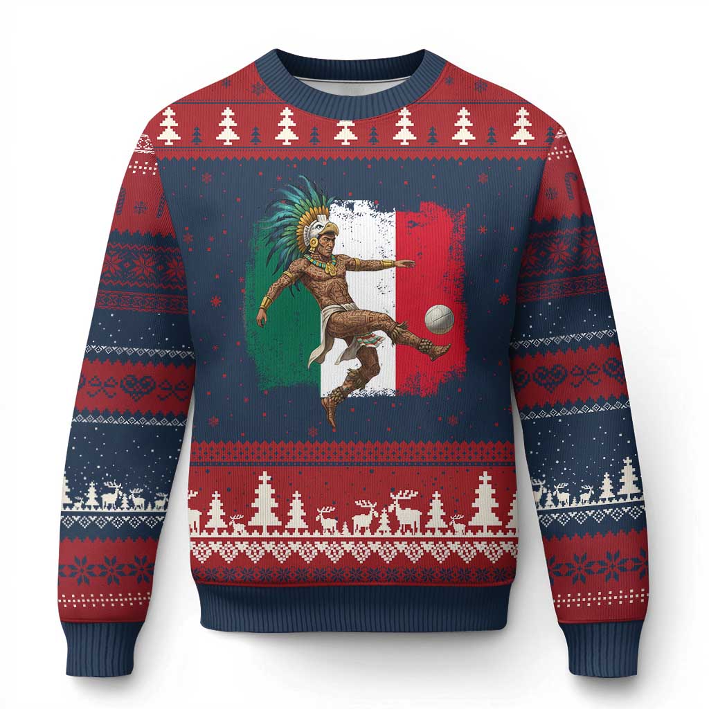 Aztec Warrior Playing Soccer Ugly Christmas Sweater Mexican Pride Football Fan Gift