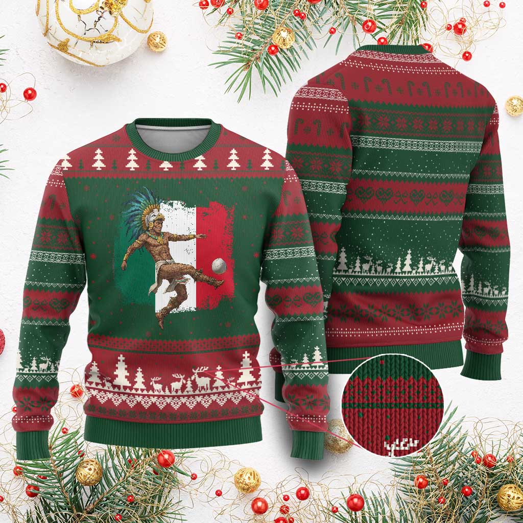 Aztec Warrior Playing Soccer Ugly Christmas Sweater Mexican Pride Football Fan Gift