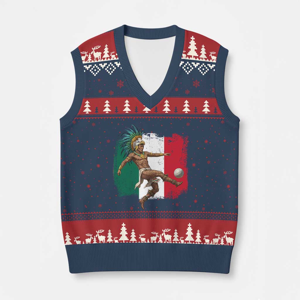 Aztec Warrior Playing Soccer V-Neck Knit Sweater Vest Mexican Pride Football Fan Gift