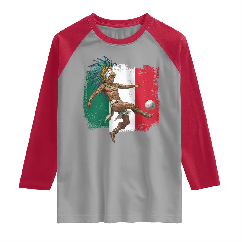 Aztec Warrior Playing Soccer Raglan Shirt Mexican Pride Football Fan Gift