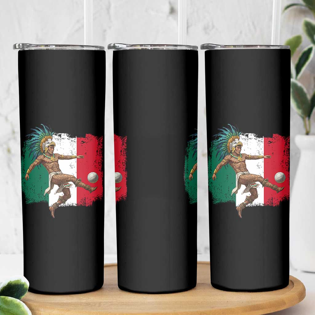 Aztec Warrior Playing Soccer Skinny Tumbler Mexican Pride Football Fan Gift