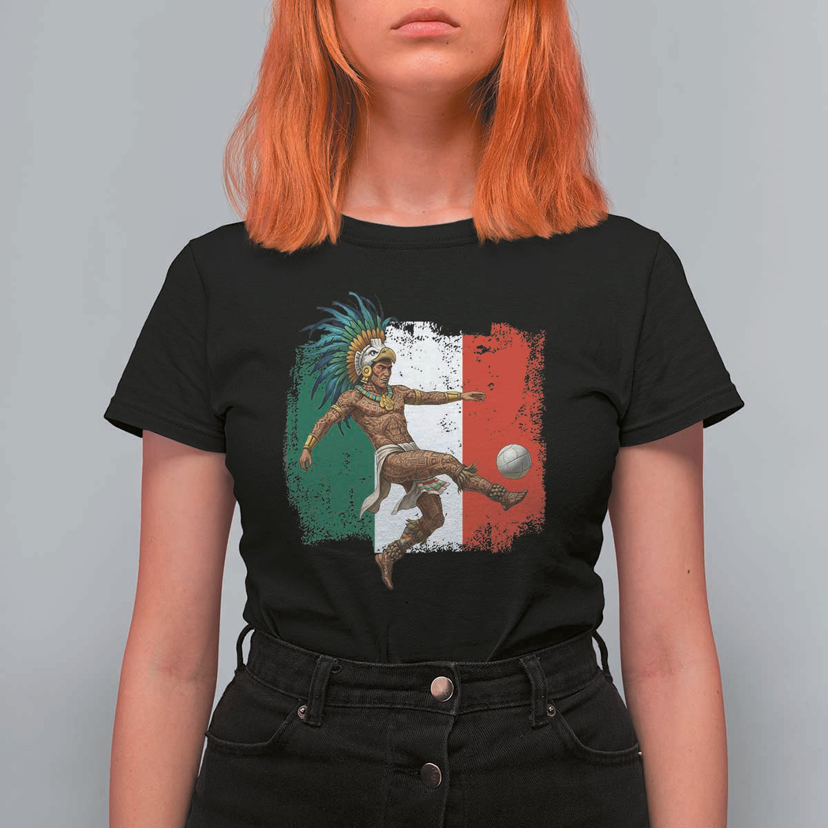 Aztec Warrior Playing Soccer T Shirt For Women Mexican Pride Football Fan Gift