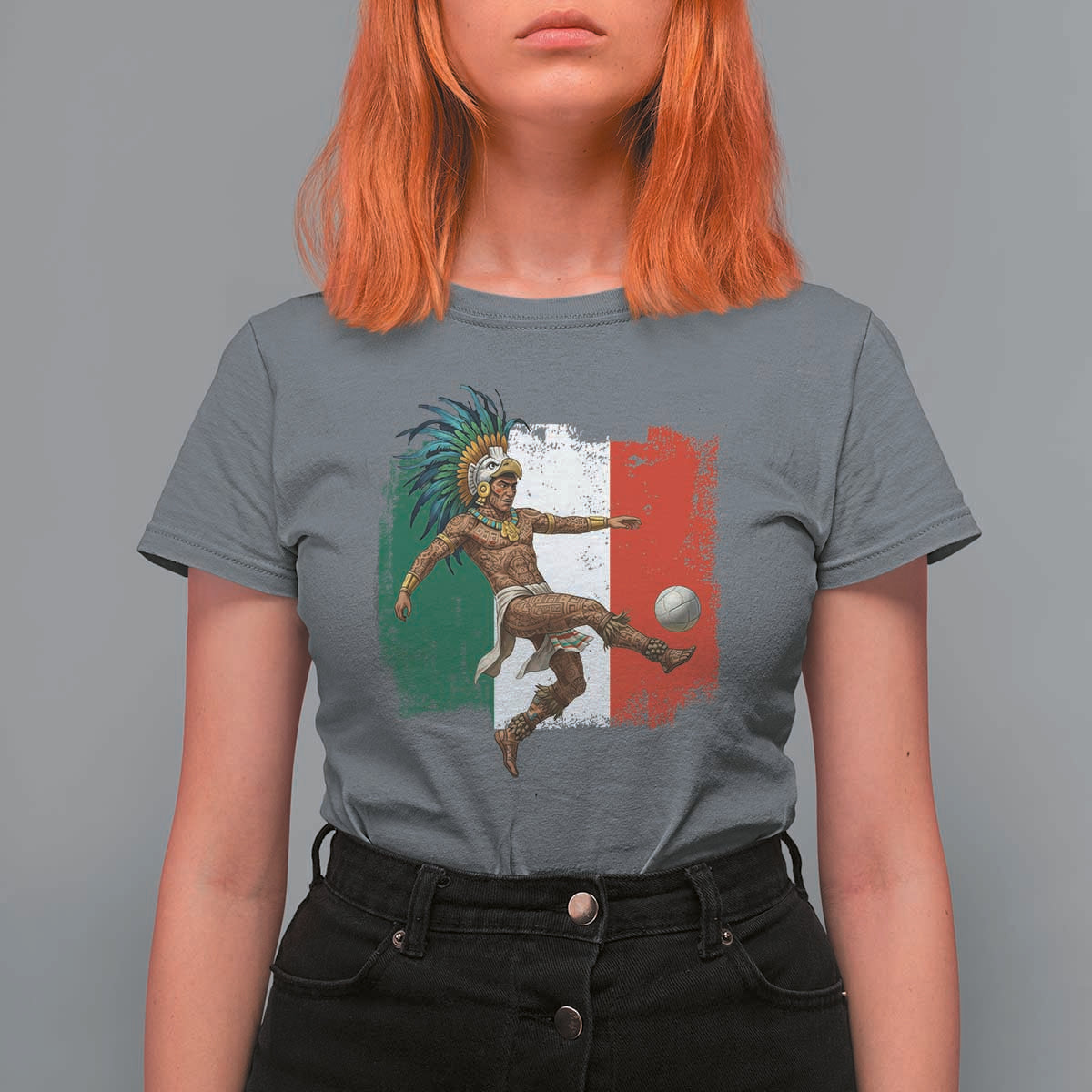 Aztec Warrior Playing Soccer T Shirt For Women Mexican Pride Football Fan Gift