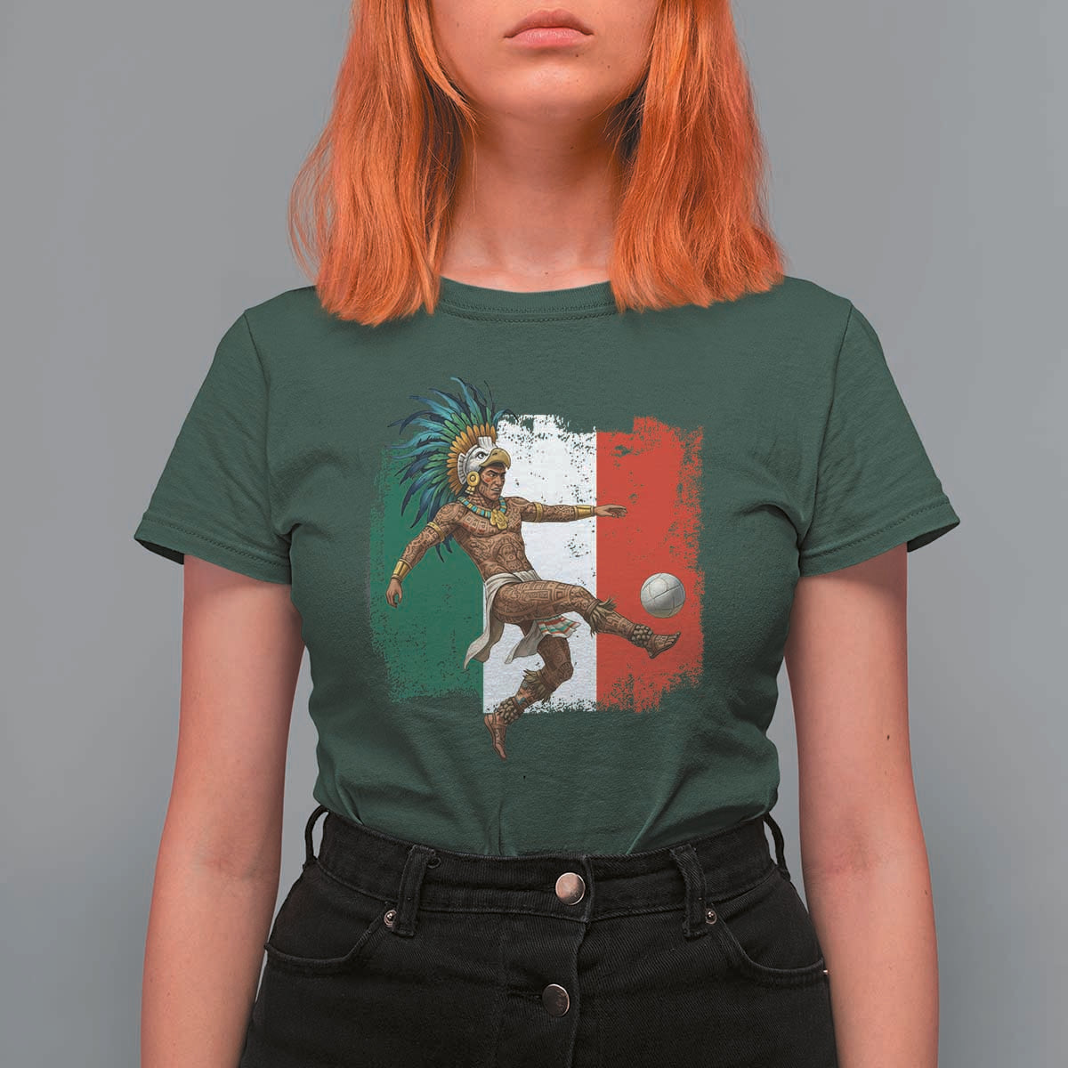 Aztec Warrior Playing Soccer T Shirt For Women Mexican Pride Football Fan Gift