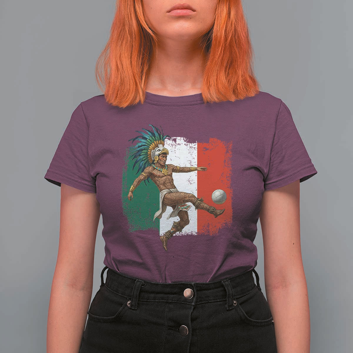 Aztec Warrior Playing Soccer T Shirt For Women Mexican Pride Football Fan Gift