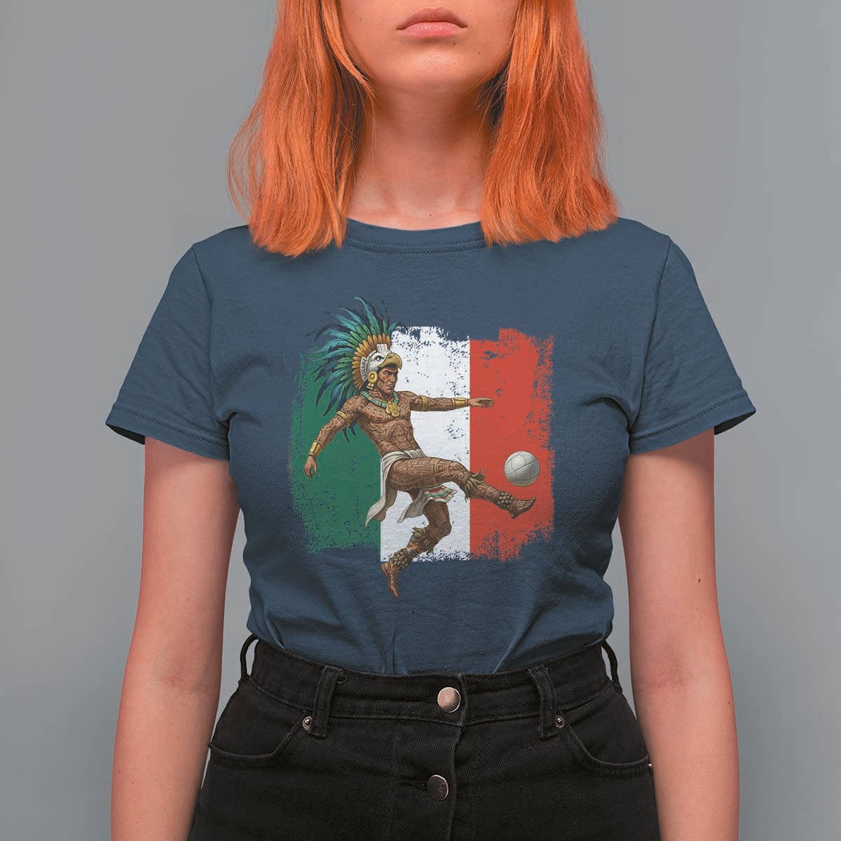 Aztec Warrior Playing Soccer T Shirt For Women Mexican Pride Football Fan Gift
