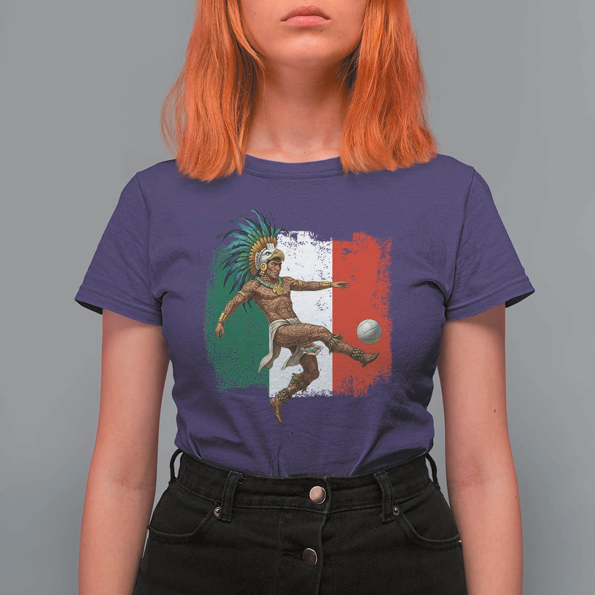 Aztec Warrior Playing Soccer T Shirt For Women Mexican Pride Football Fan Gift