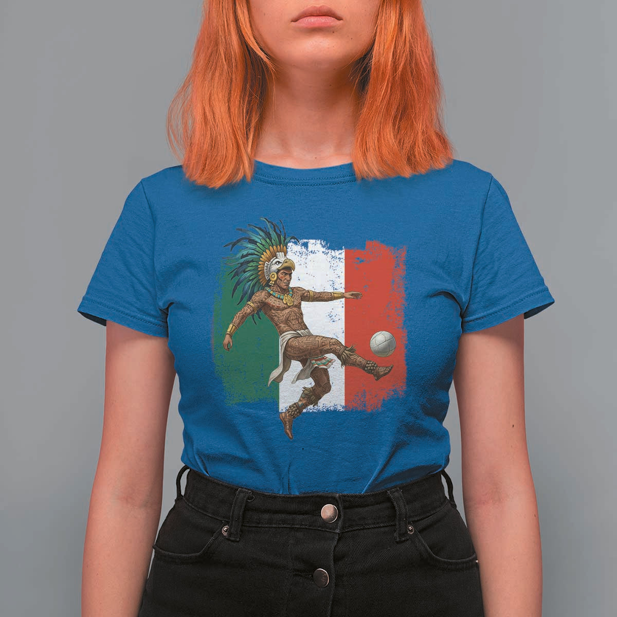Aztec Warrior Playing Soccer T Shirt For Women Mexican Pride Football Fan Gift