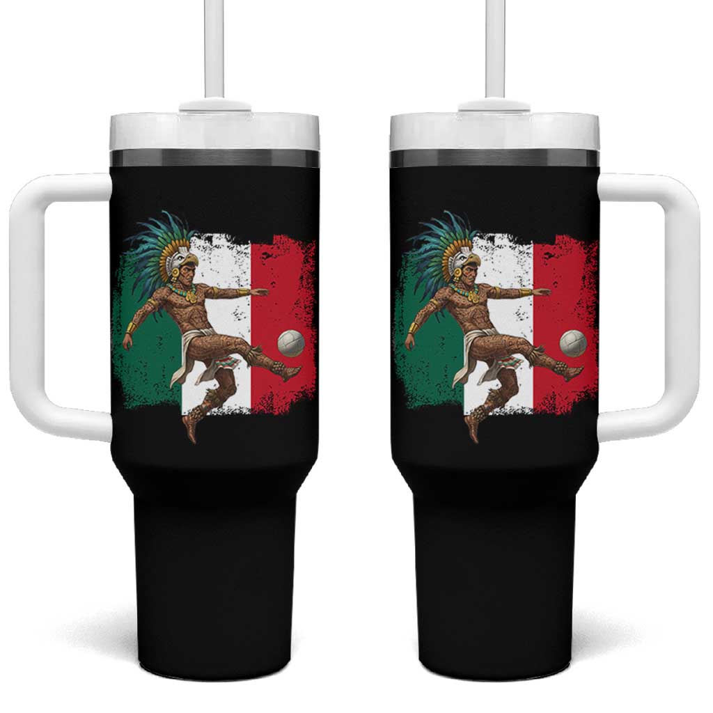 Aztec Warrior Playing Soccer Tumbler With Handle Mexican Pride Football Fan Gift