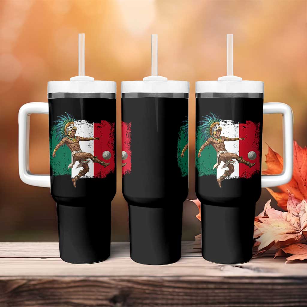 Aztec Warrior Playing Soccer Tumbler With Handle Mexican Pride Football Fan Gift