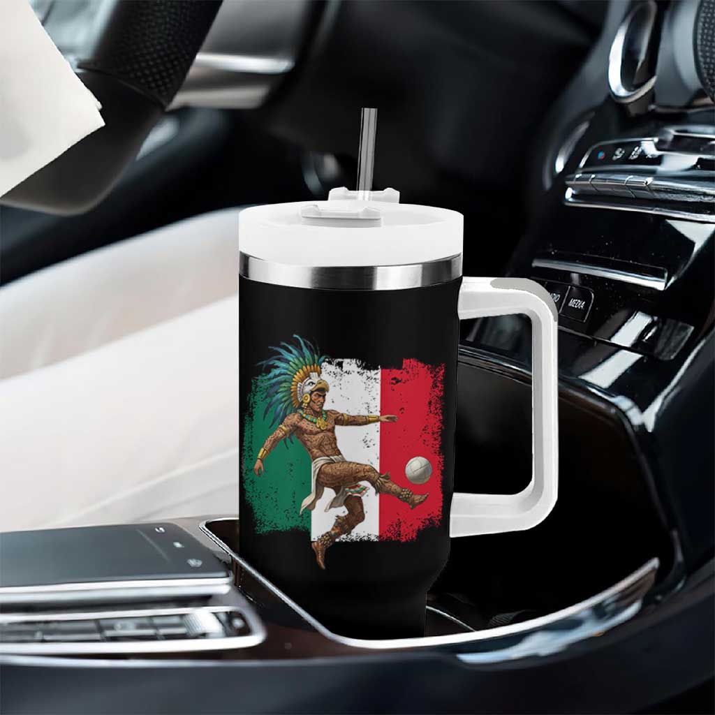 Aztec Warrior Playing Soccer Tumbler With Handle Mexican Pride Football Fan Gift