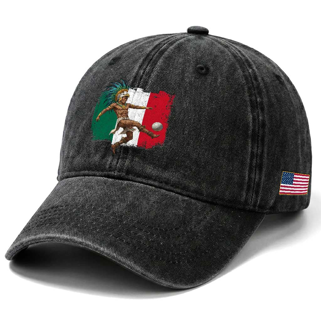 Aztec Warrior Playing Soccer Washed Cotton Baseball Cap Mexican Pride Football Fan Gift
