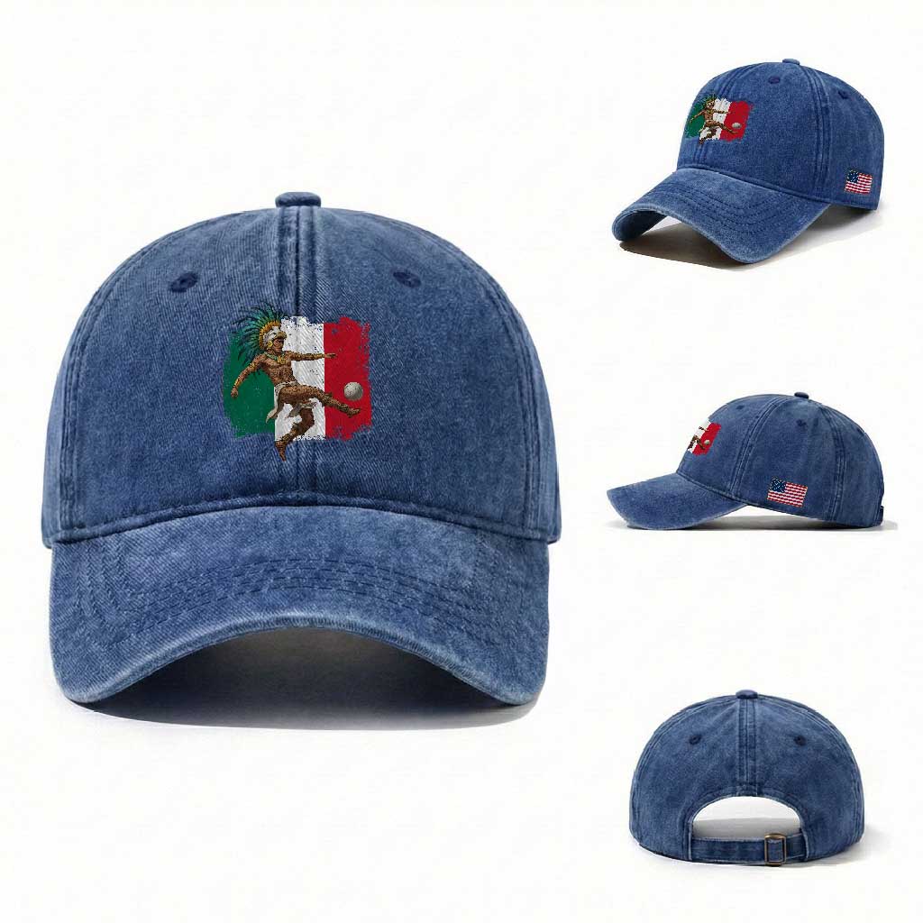 Aztec Warrior Playing Soccer Washed Cotton Baseball Cap Mexican Pride Football Fan Gift