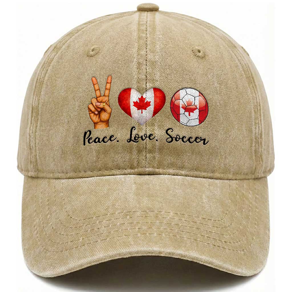 Peace Love Soccer Washed Cotton Baseball Cap Proud Canadian Fan Gift