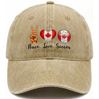 Peace Love Soccer Washed Cotton Baseball Cap Proud Canadian Fan Gift