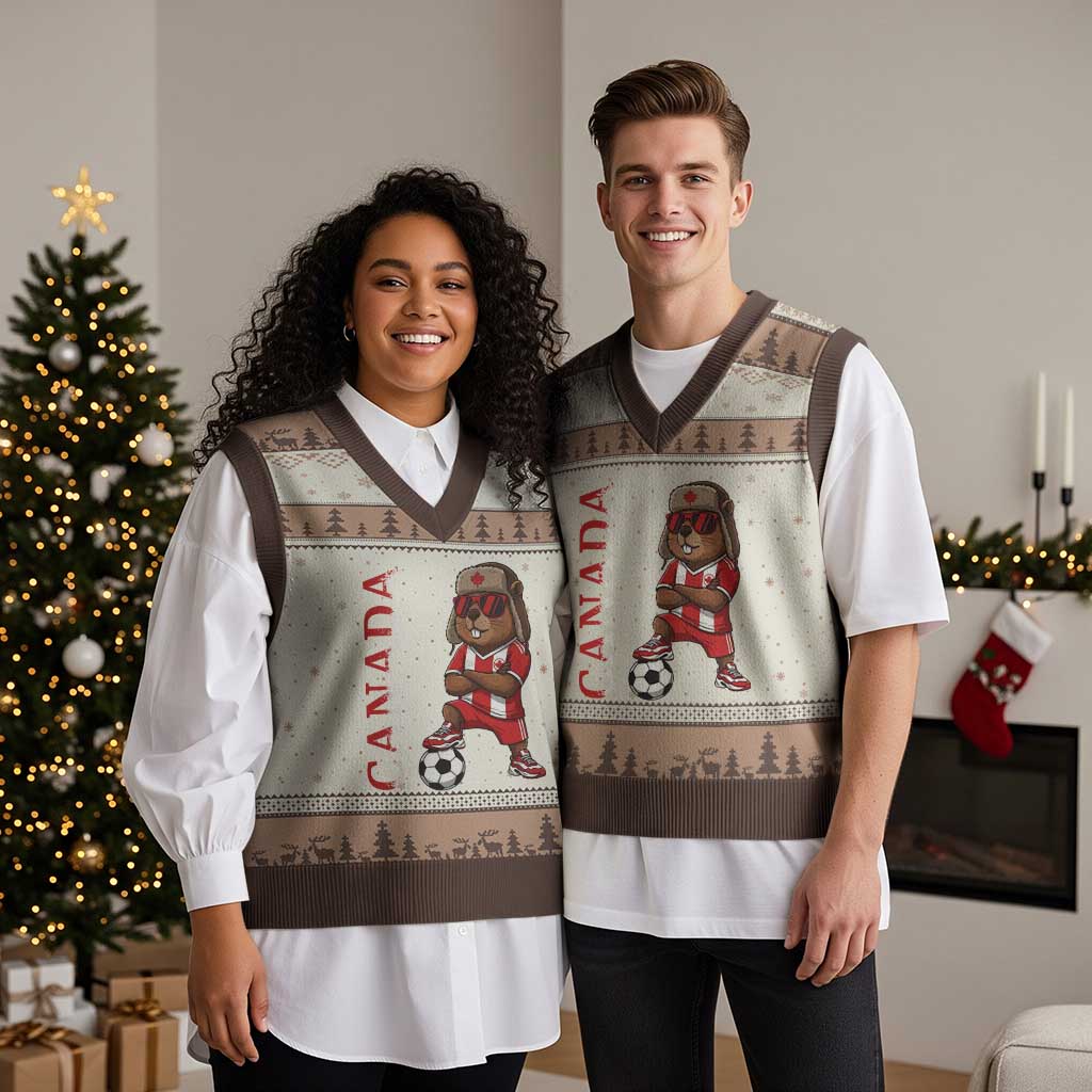 Proud Canada Soccer Beaver V-Neck Knit Sweater Vest Funny Football Fan Gift