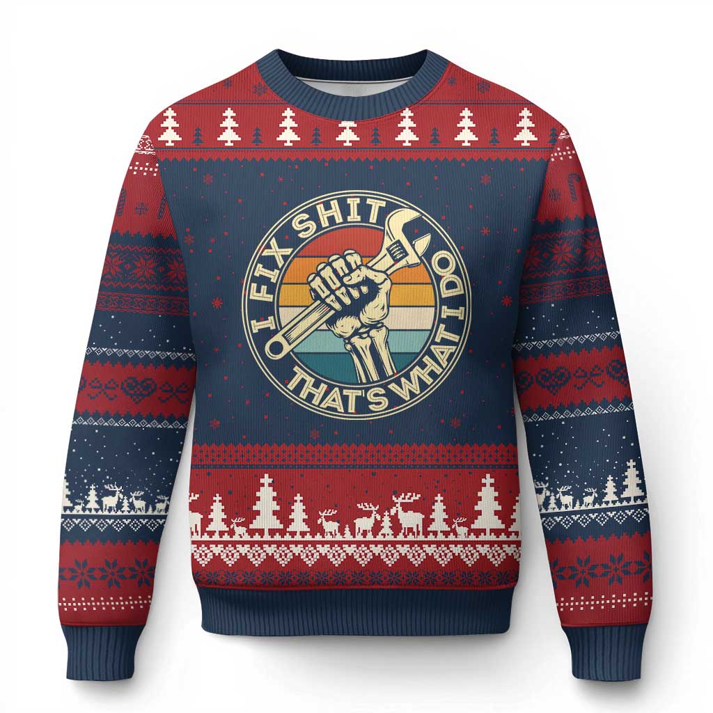 Vintage Skeleton Wrench Graphic Ugly Christmas Sweater I Fix Shit Thats What I Do
