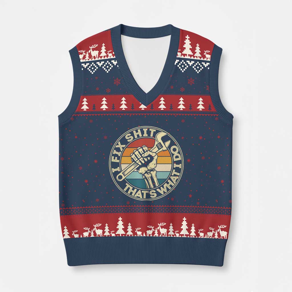 Vintage Skeleton Wrench Graphic V-Neck Knit Sweater Vest I Fix Shit Thats What I Do