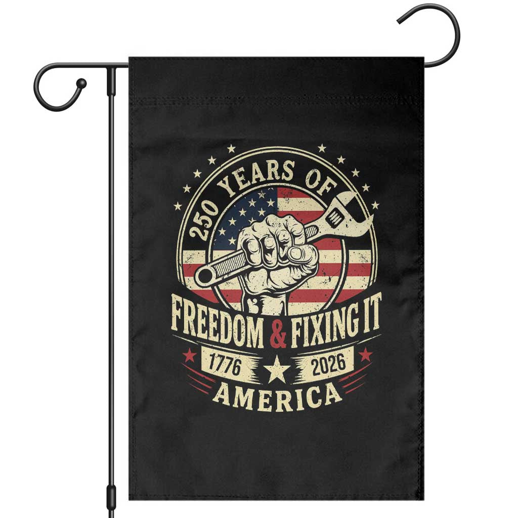 USA 250th Anniversary Patriotic Mechanic Garden Flag Freedom And Fixing It