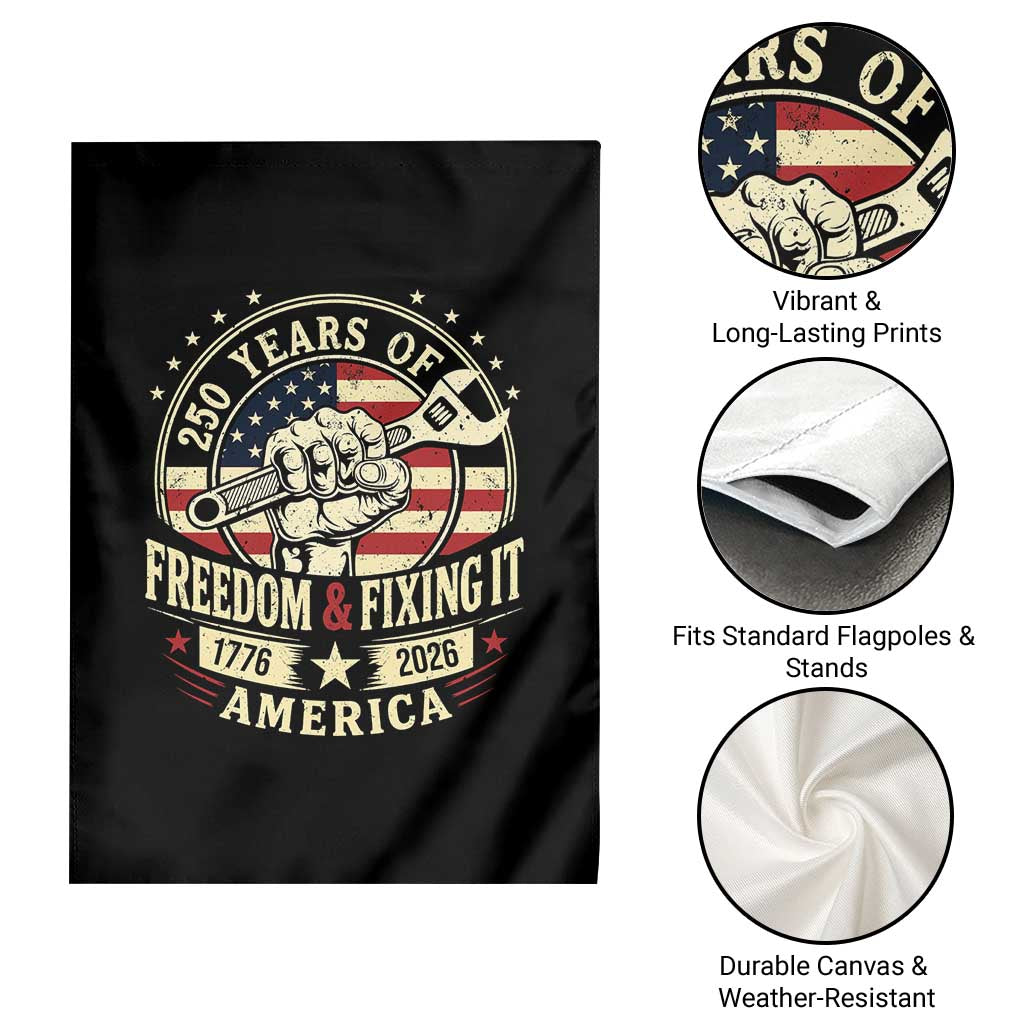 USA 250th Anniversary Patriotic Mechanic Garden Flag Freedom And Fixing It