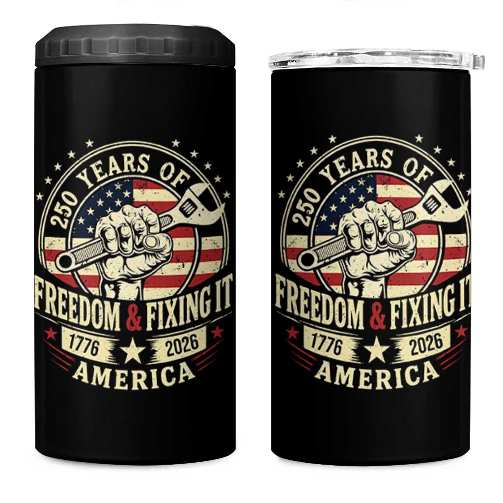 USA 250th Anniversary Patriotic Mechanic 4 in 1 Can Cooler Tumbler Freedom And Fixing It