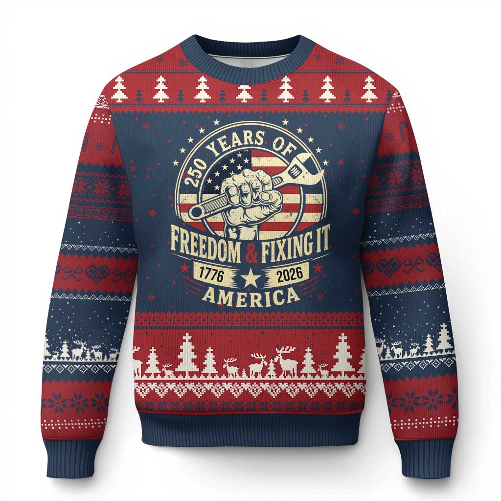 USA 250th Anniversary Patriotic Mechanic Ugly Christmas Sweater Freedom And Fixing It