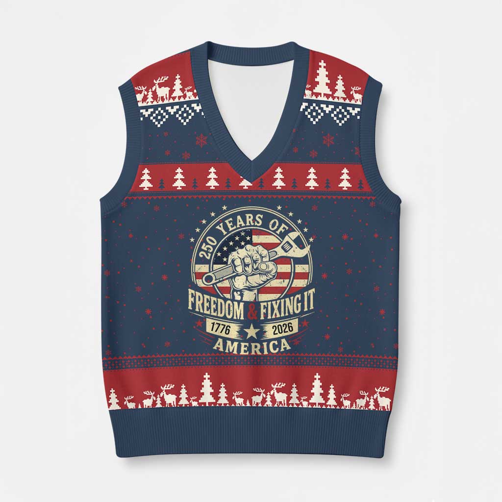 USA 250th Anniversary Patriotic Mechanic V-Neck Knit Sweater Vest Freedom And Fixing It