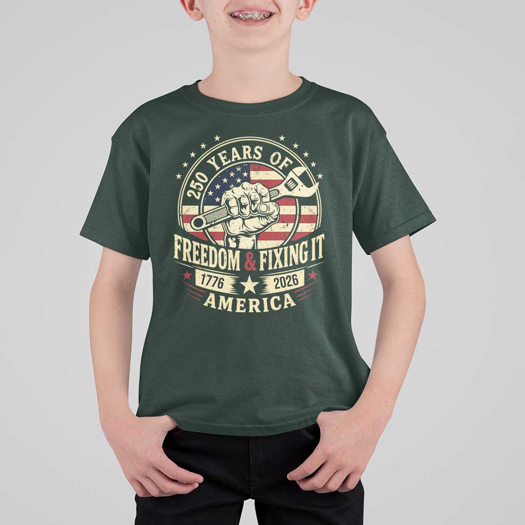USA 250th Anniversary Patriotic Mechanic T Shirt For Kid Freedom And Fixing It
