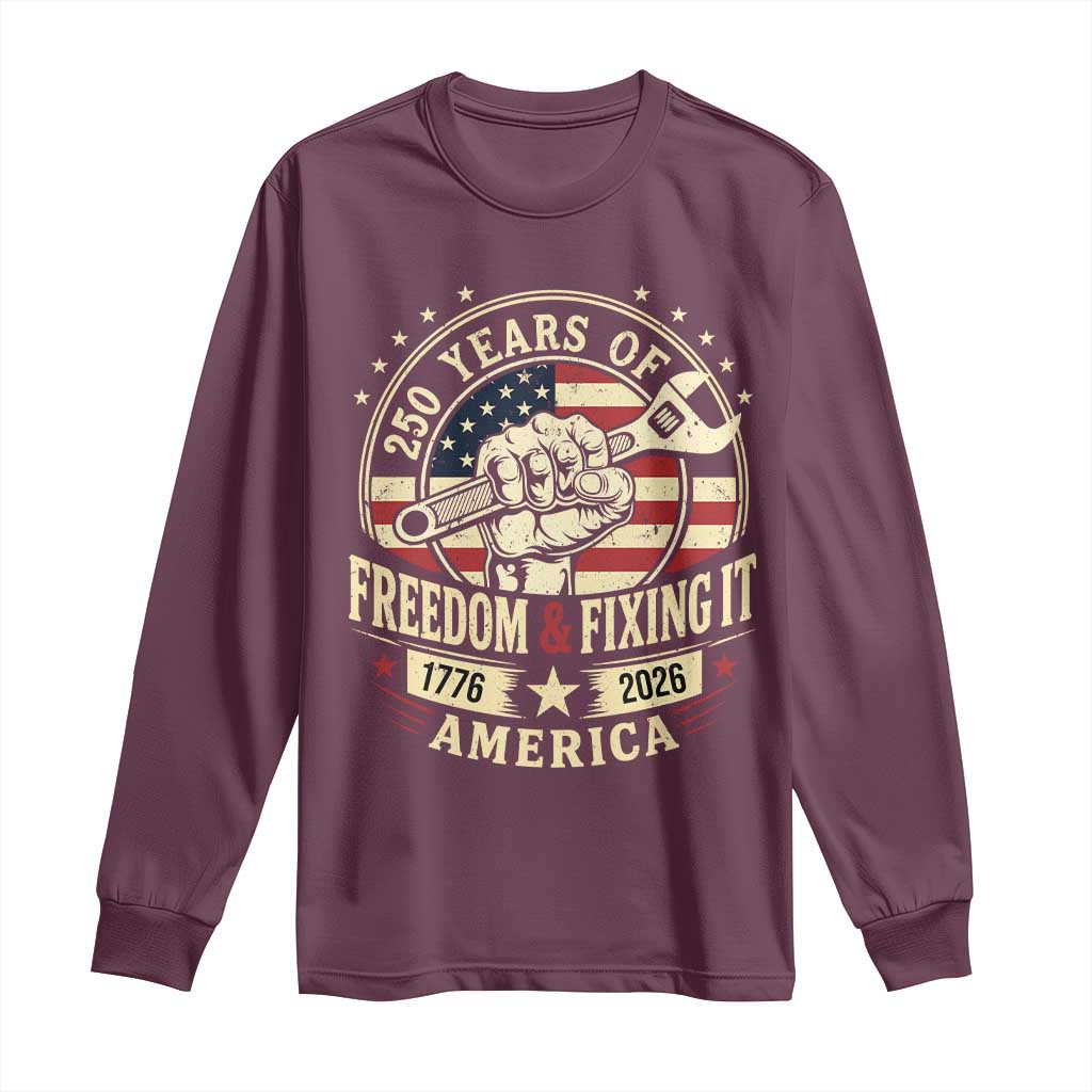 USA 250th Anniversary Patriotic Mechanic Long Sleeve Shirt Freedom And Fixing It