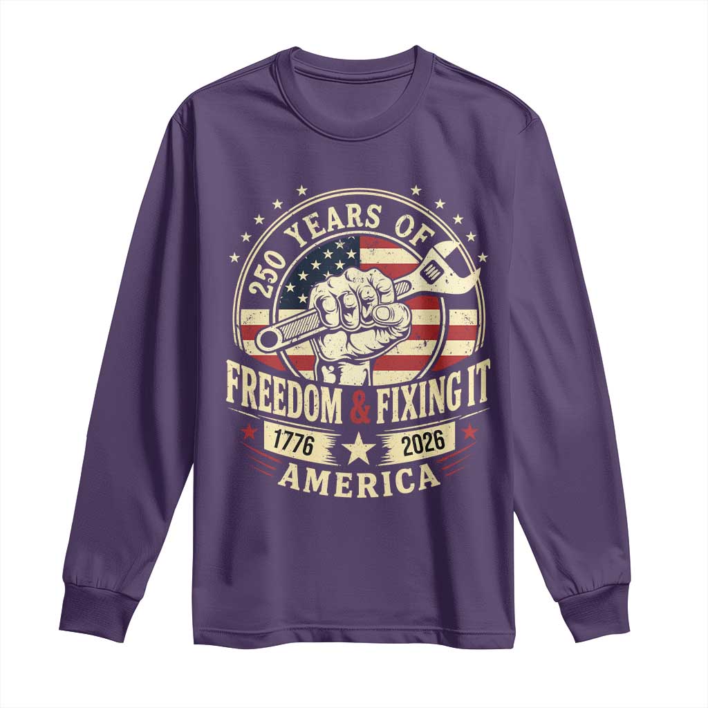 USA 250th Anniversary Patriotic Mechanic Long Sleeve Shirt Freedom And Fixing It