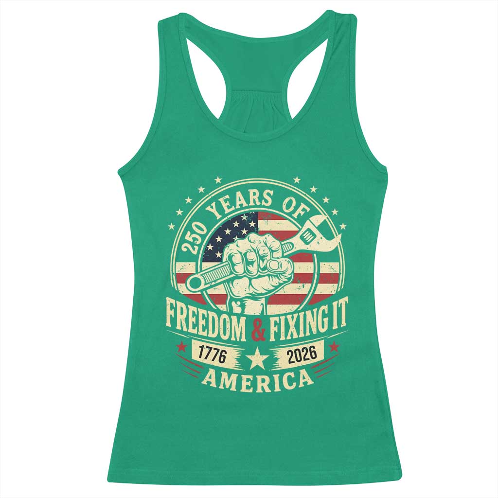 USA 250th Anniversary Patriotic Mechanic Racerback Tank Top Freedom And Fixing It