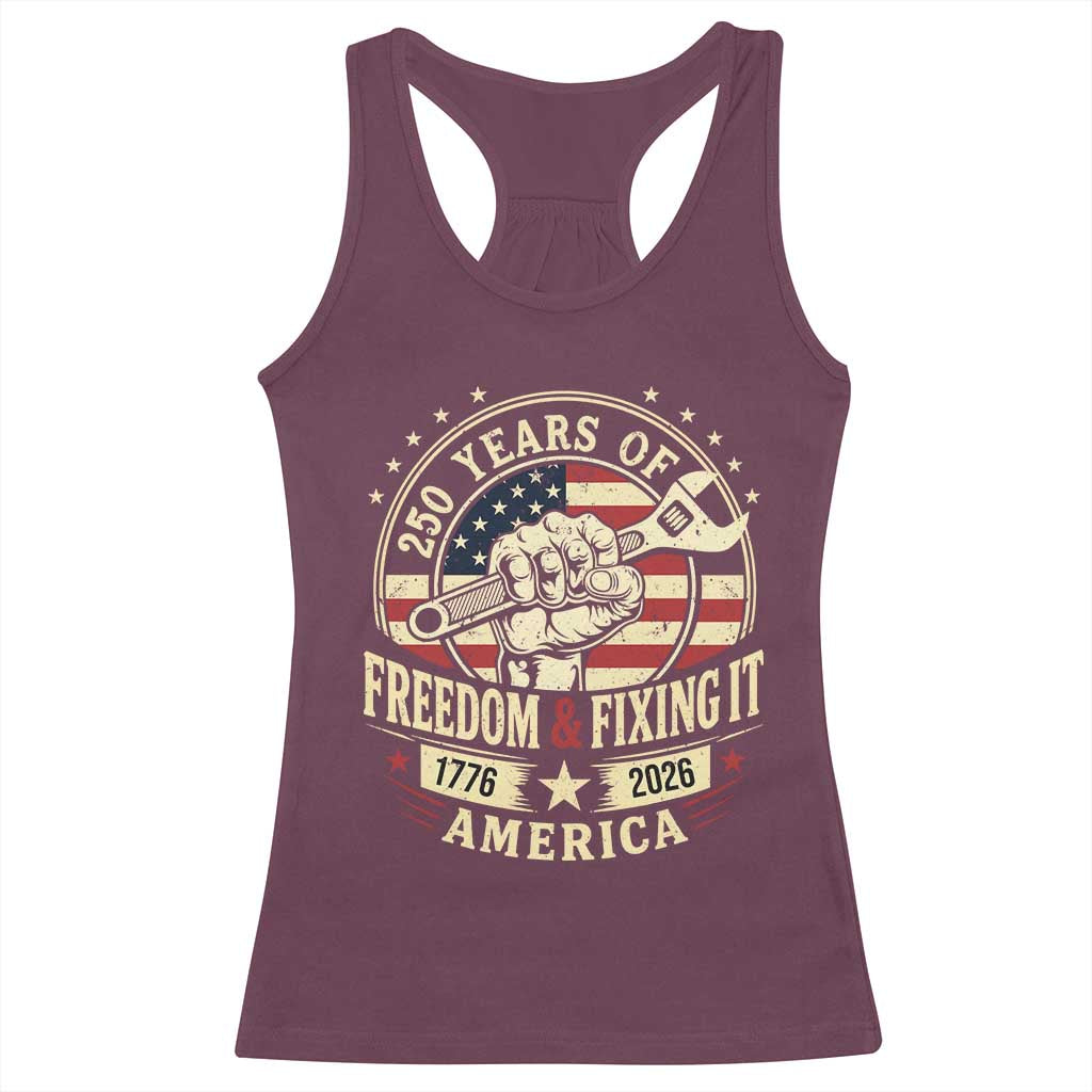 USA 250th Anniversary Patriotic Mechanic Racerback Tank Top Freedom And Fixing It