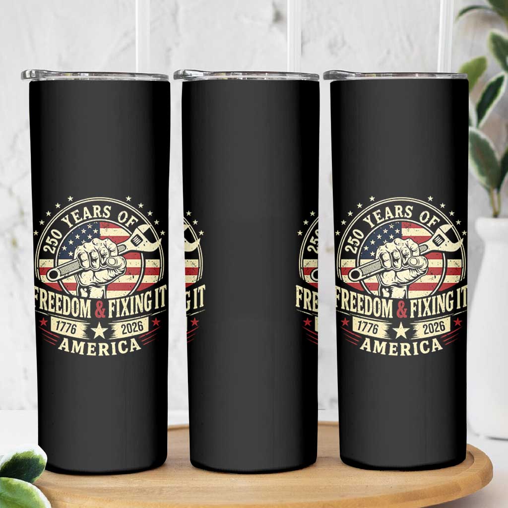 USA 250th Anniversary Patriotic Mechanic Skinny Tumbler Freedom And Fixing It