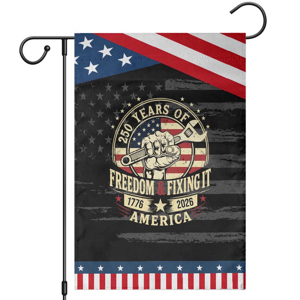USA 250th Anniversary Patriotic Mechanic Patriotic Garden Flag Freedom And Fixing It
