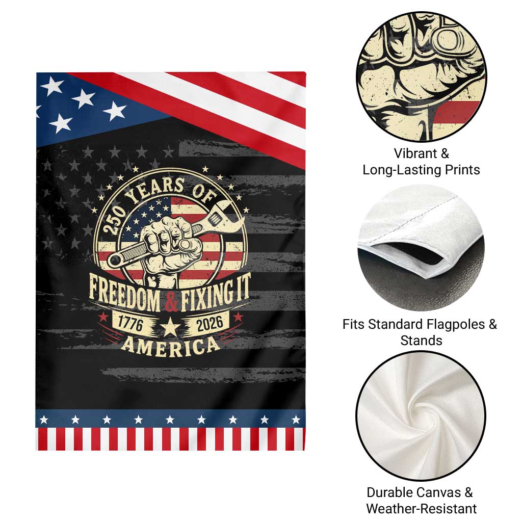 USA 250th Anniversary Patriotic Mechanic Patriotic Garden Flag Freedom And Fixing It