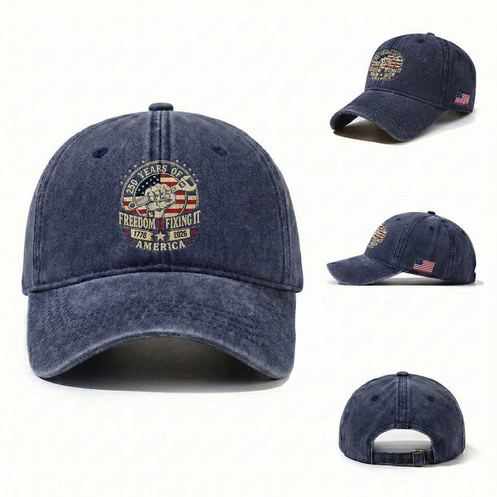 USA 250th Anniversary Patriotic Mechanic Washed Cotton Baseball Cap Freedom And Fixing It