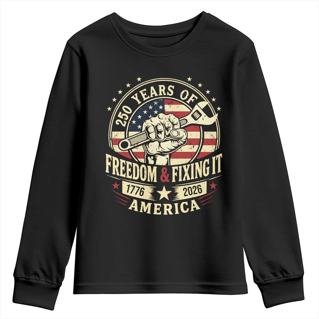 USA 250th Anniversary Patriotic Mechanic Youth Sweatshirt Freedom And Fixing It