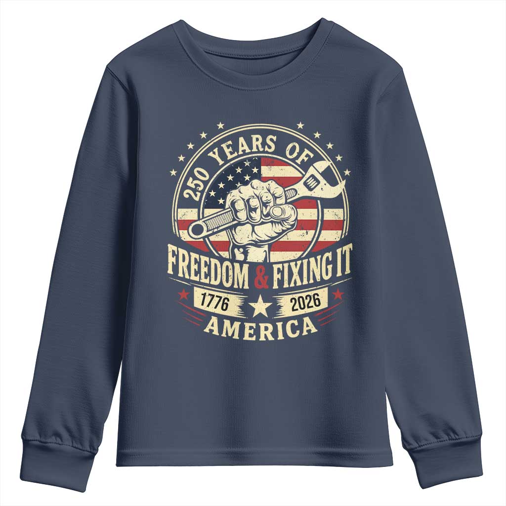 USA 250th Anniversary Patriotic Mechanic Youth Sweatshirt Freedom And Fixing It