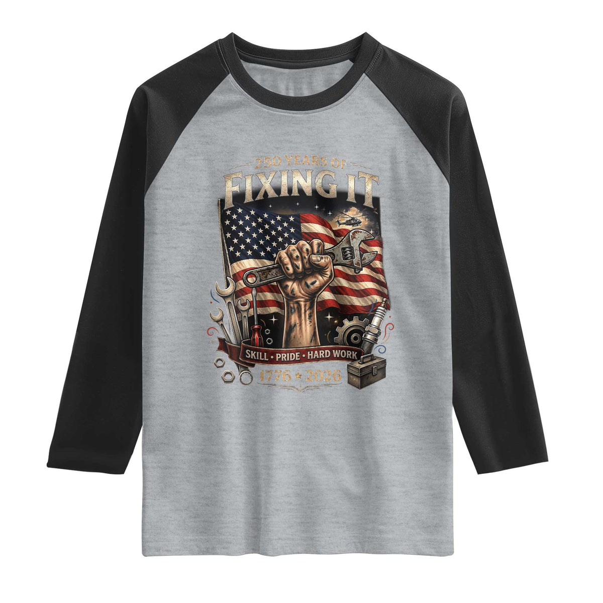 250 Years Of Fixing It Mechanic Pride Raglan Shirt America 250 Anniversary Gift